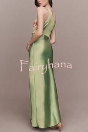 Wedding  Guest Satin Floral Print One Shoulder Side Slit Maxi Dress