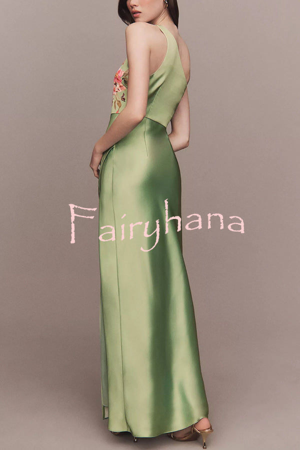 Wedding  Guest Satin Floral Print One Shoulder Side Slit Maxi Dress