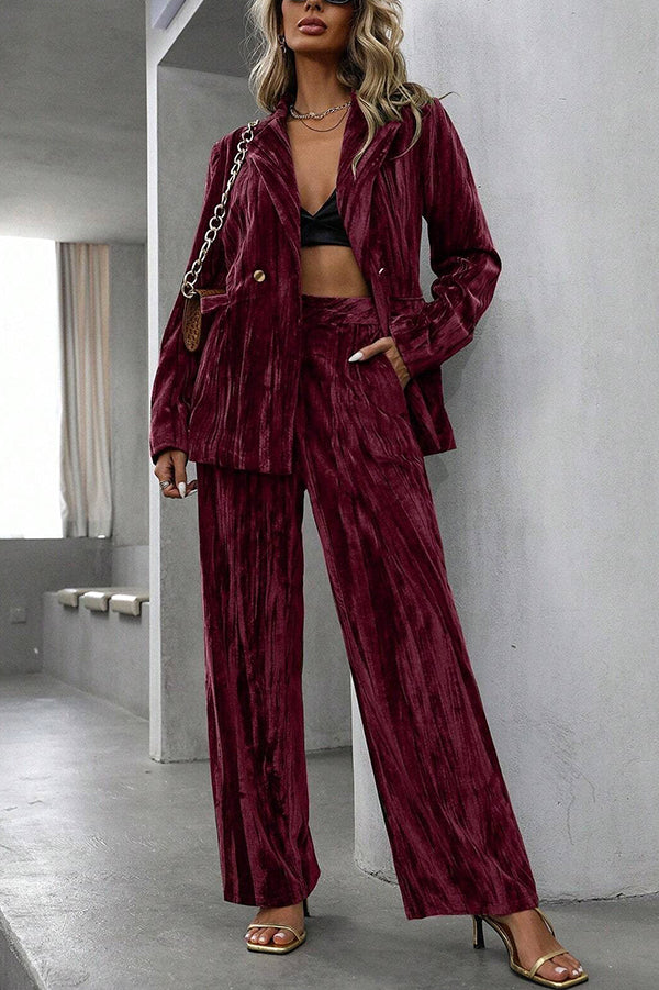 Solid Color Velvet Loose Long-sleeved Top and Elastic Waist Pocket Casual Straight-leg Pants Set