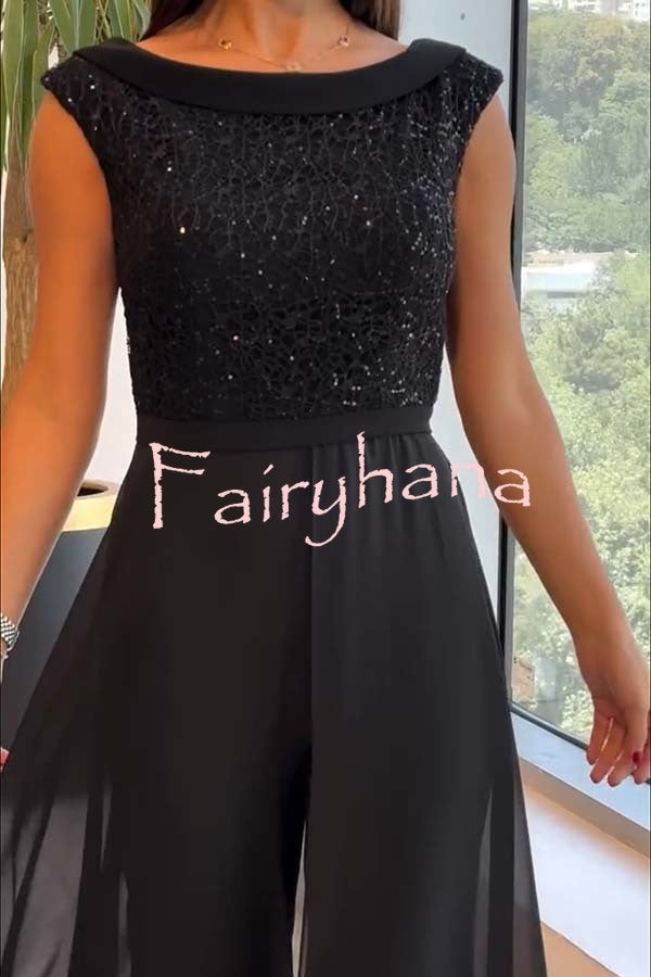 Officially Shining Crew-neck Sequin Textured-panel Tulle Cape Jumpsuit
