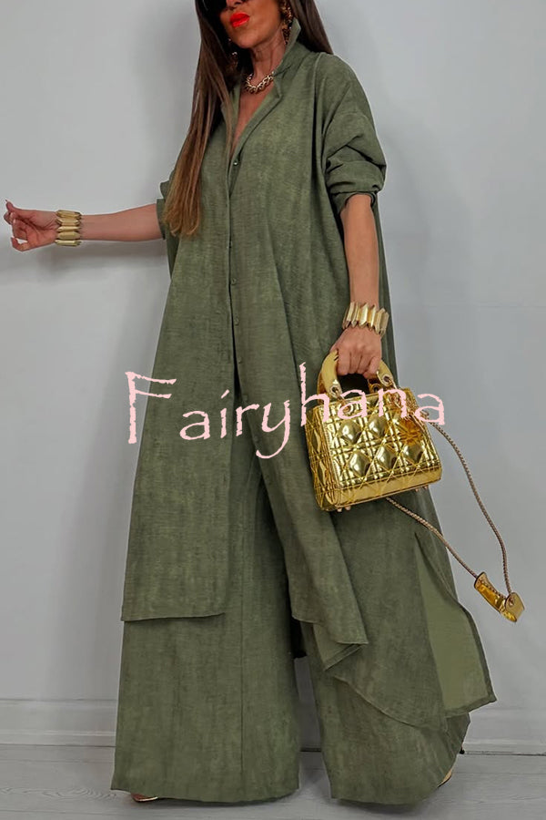Solid Color Casual Loose Long Shirt and Elastic Waist Pocket Wide Leg Pants Set
