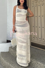 Solid Color Knit Hollow Crew Neck Sleeveless Beach Cover Up Maxi Dress