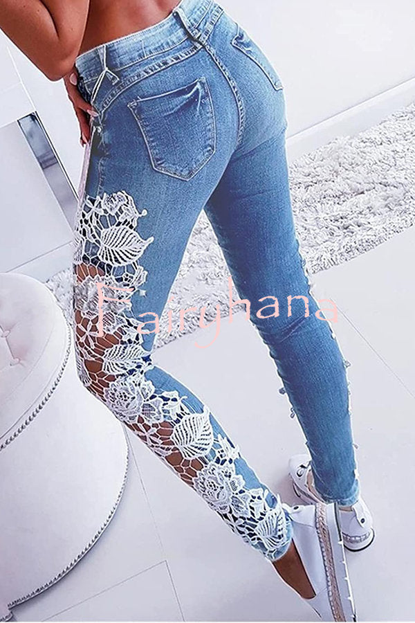 Sexy Side Lace Crochet Appliques Stretch Jeans