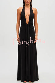 Sexy Silhouette Deep U-neck Halter Waterfall Sash Drape Maxi Dress