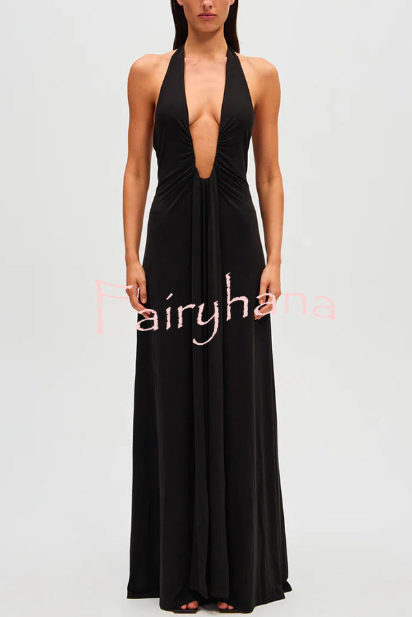 Sexy Silhouette Deep U-neck Halter Waterfall Sash Drape Maxi Dress