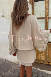 Cierra Linen Blend Ethnic Print Dolman Sleeves Loose Top