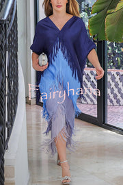 Fashionable Color-blocked Multi-layered Tassel Loose Midi Dress