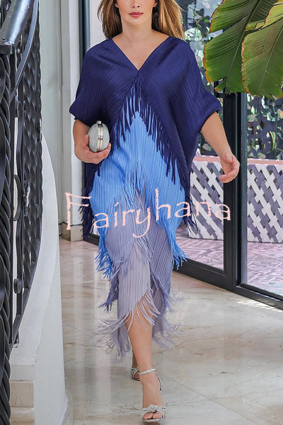 Fashionable Color-blocked Multi-layered Tassel Loose Midi Dress