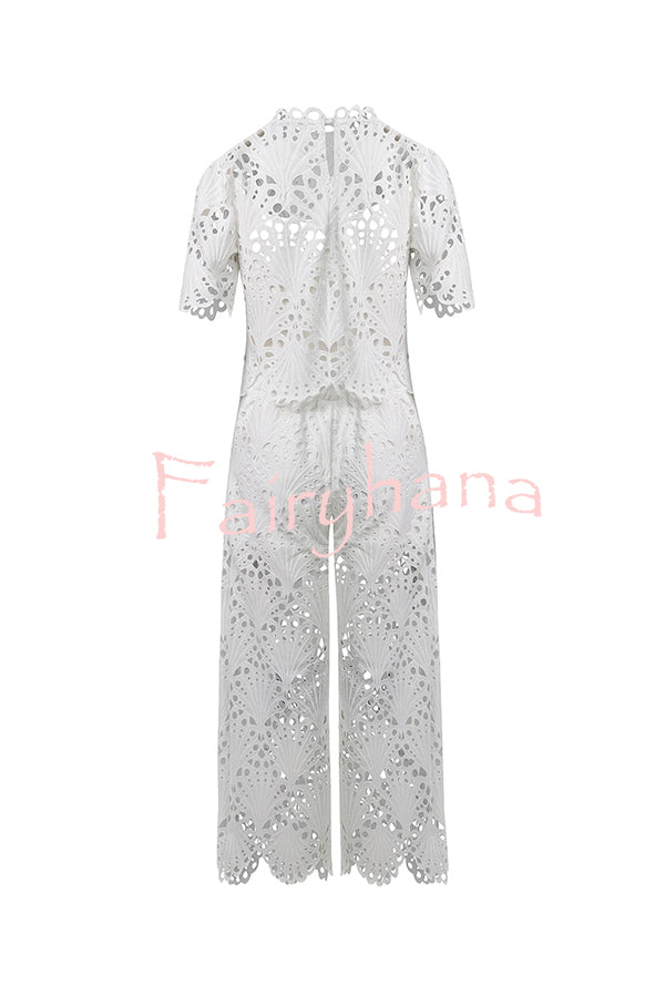Eliose Scallop Cutout Embroidery Lace Short Sleeve Loose Top