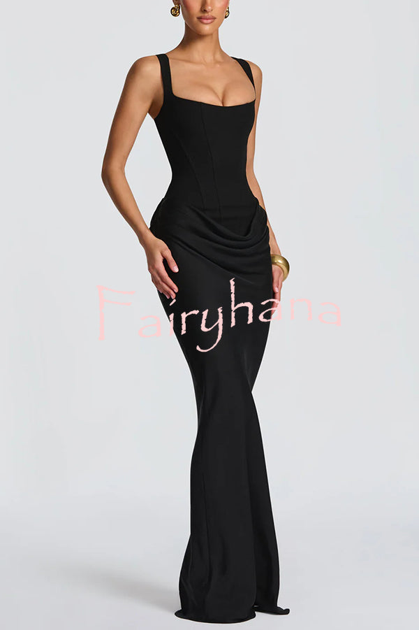 Larrah Square Neck Back Lace-up Satin Drape Hem Maxi Dress