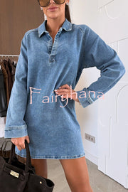 Fashion Lapel Long Sleeve Loose Denim Mini Dress