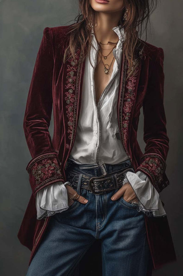 Gold Velvet Patchwork Printed Edge Long-sleeved Casual Jacket