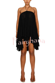 Chiffon Solid Color Halter Backless Irregular Mini Dress