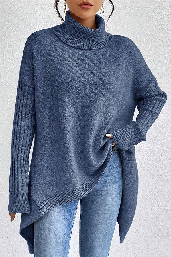 Solid Color High Collar Long Sleeve Loose Knitted Sweater