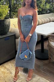 Cutie Denim Rosette Detail Corset Off Shoulder Stretch Maxi Dress