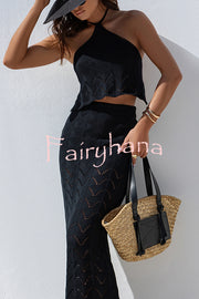 Solid Knit Hollow Halter Top and Stretch Fit Maxi Skirt Set