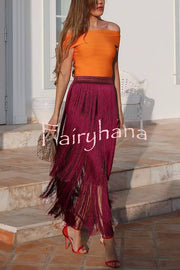 Elegant Tassel Hem Elastic Waist Casual Maxi Skirt