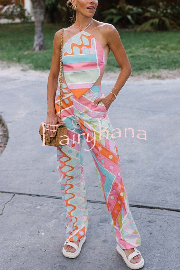 Kathy Unique Print Halter Scarf Tank and Elastic Waist Pocket Loose Pants Set