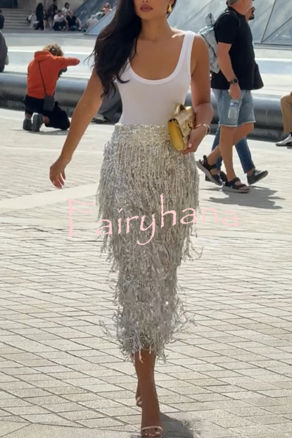 Evening Charm Layered Sequined Tassels High Rise Back Zipper Slit Midi Skirt