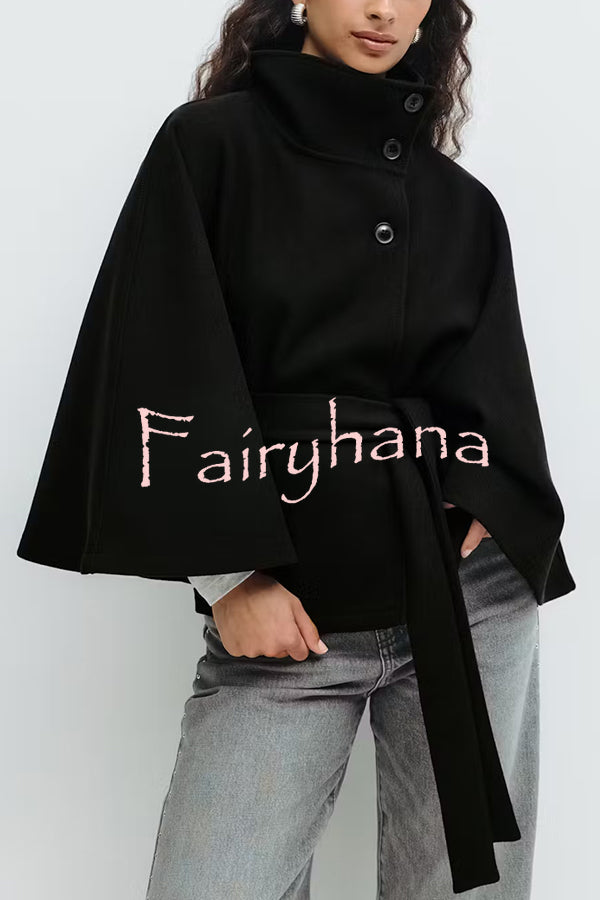 Fashionable Stand Collar Button Waist Tie Loose Cape