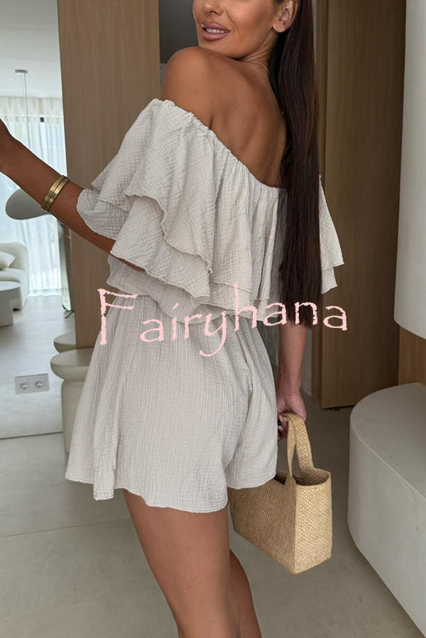 Solid Color Off-shoulder Ruffled Casual Waist Rompers