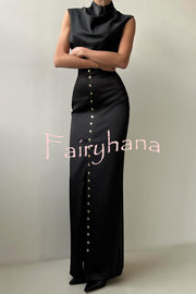 Solid Color Casual Sleeveless Crop Top and Elegant Button-down Maxi Skirt Set