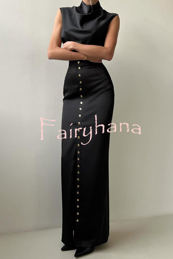 Solid Color Casual Sleeveless Crop Top and Elegant Button-down Maxi Skirt Set