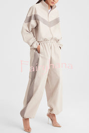 Fashionable Contrasting Long-sleeved Loose Coat and Elastic Waist Wide-leg Pants Set
