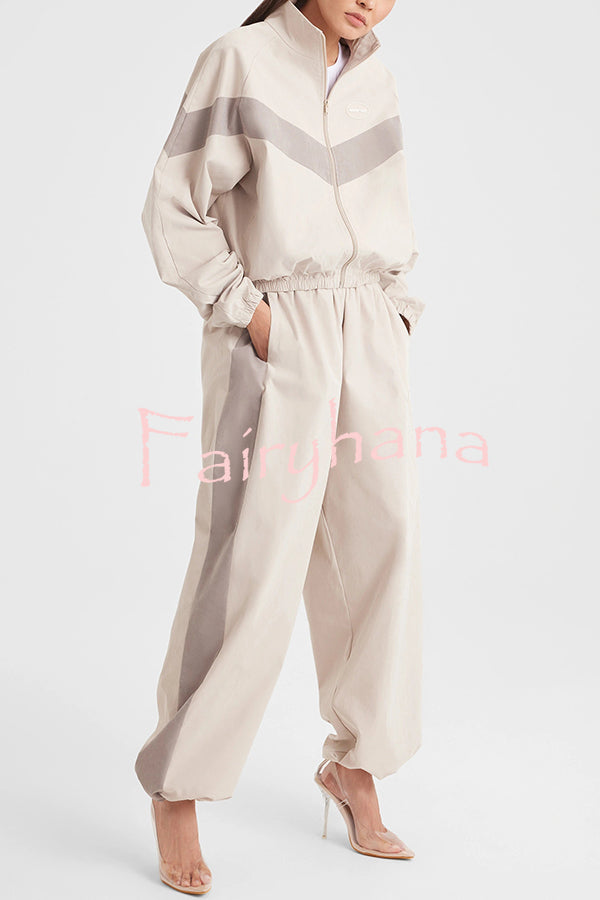 Fashionable Contrasting Long-sleeved Loose Coat and Elastic Waist Wide-leg Pants Set