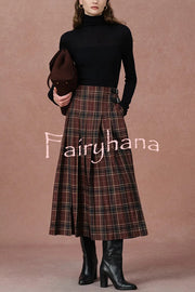 Yehudit Plaid Belt Buckle Design High Rise Pocket Midi Umbrella Skirt