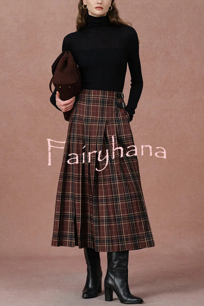 Yehudit Plaid Belt Buckle Design High Rise Pocket Midi Umbrella Skirt
