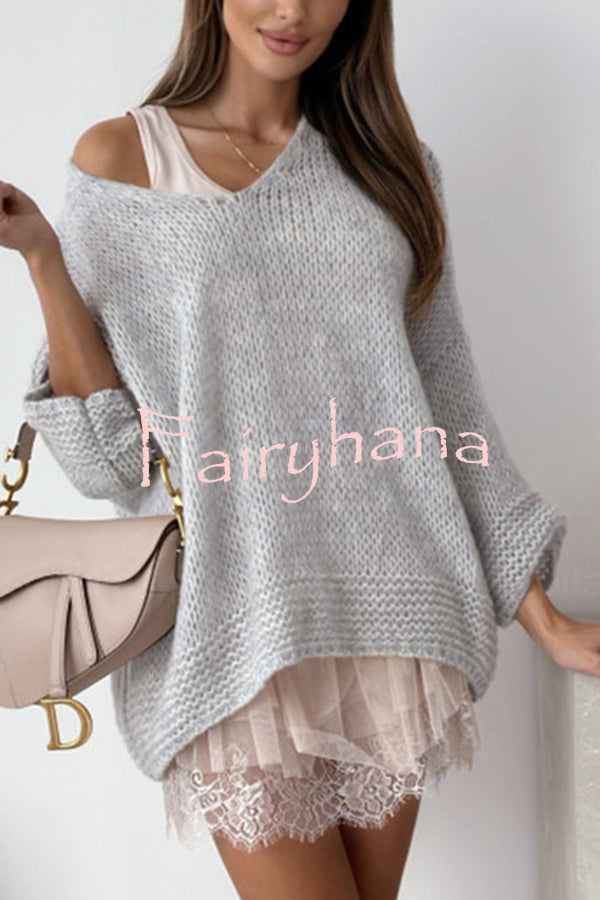 Solid Color Loose V-neck Casual Knitted Sweater