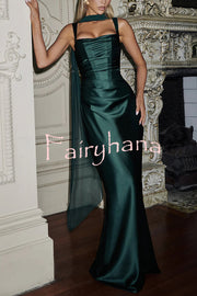 Calanthe Satin Square Neck Ruched Back Lace-up Drape Mesh Scarf Maxi Dress