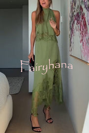Modern Muse Satin Lace Trim Pleated Neck Top and A-line Irregular Slit Skirt Set