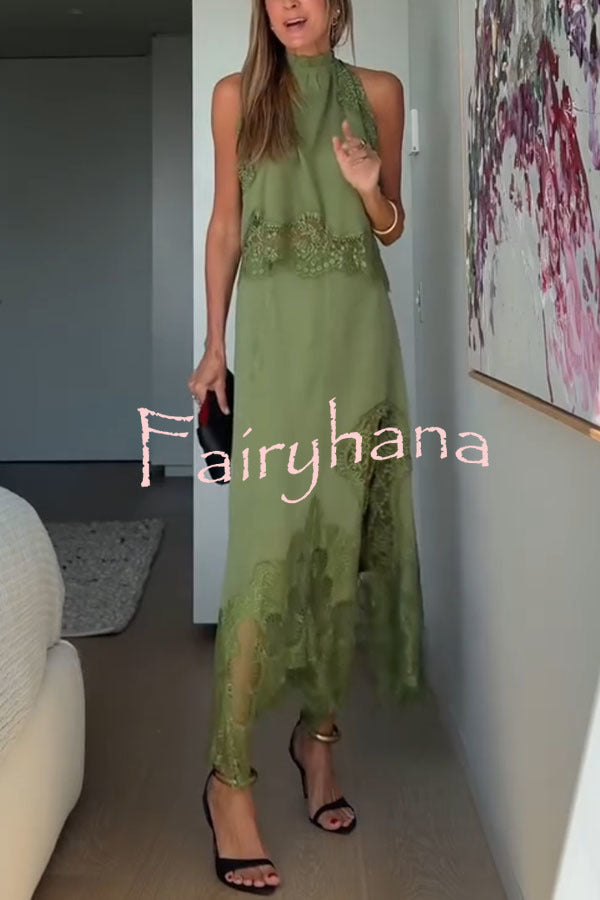 Modern Muse Satin Lace Trim Pleated Neck Top and A-line Irregular Slit Skirt Set