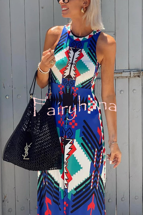 Unique Printed Round Neck Sleeveless Holiday Maxi Dress