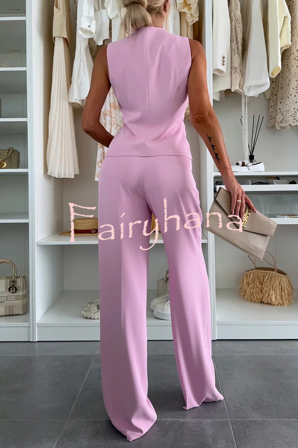 Workplace Chic Sleeveless Button Vest and Relaxed Pocket Wide Leg Pants Set