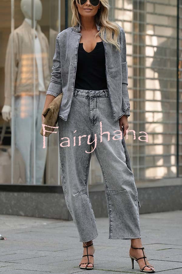 Casual Meetup Washed Denim Mid Rise Pocketed Barrel Jeans