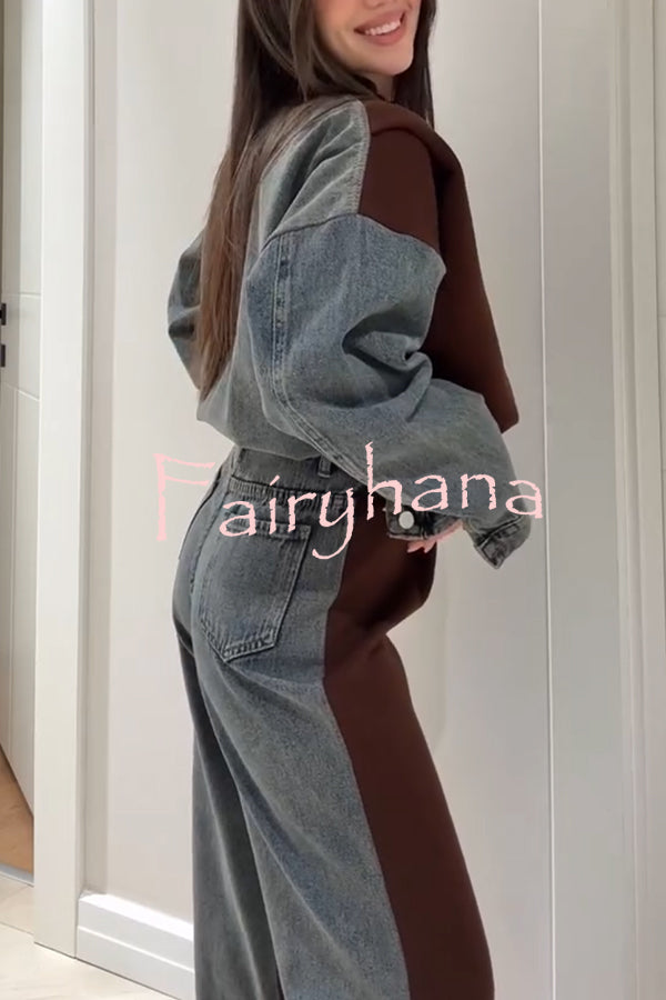 Sports Fashion Denim Patchwork Sweatshirt Fabric Zipper Long Sleeve Loose Jacket