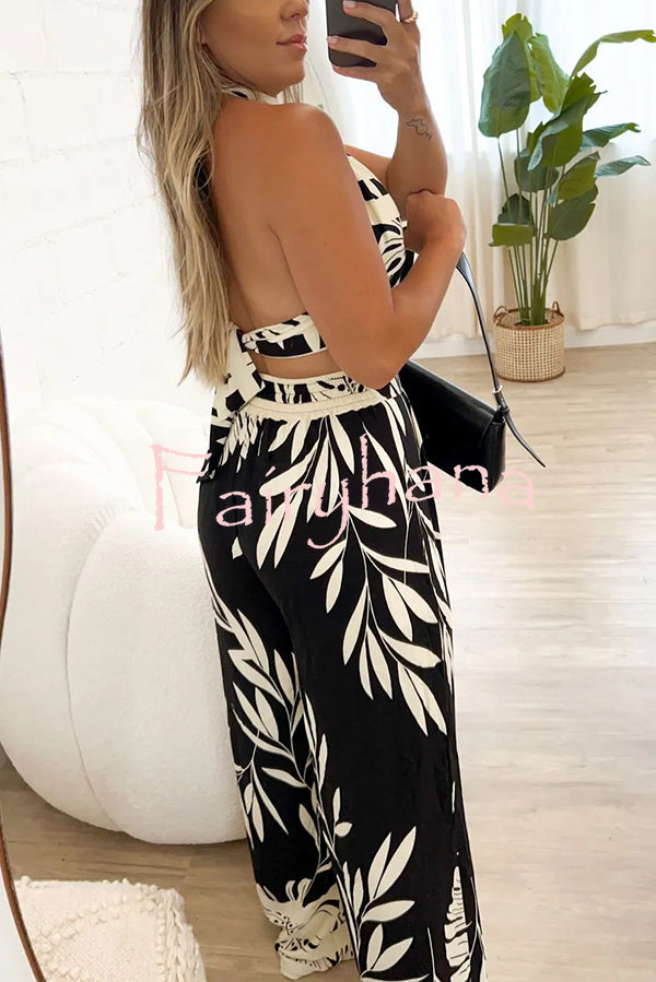 Botanical Print Halterneck Crop Top and Casual High-waist Wide-leg Pants Set