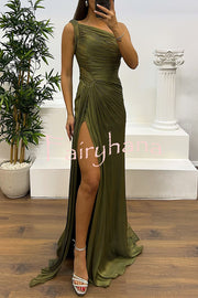 Fashion One-shoulder Pleated Ribbon Slim Slit Maxi Dress