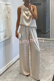 Classic on You Satin High Cowl Neck Top and Elastic Waist Pocket Loose Pants Set