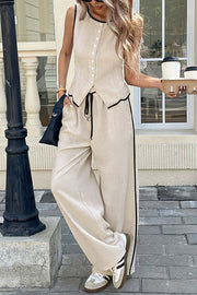 Stylish Color-blocked Trim Sleeveless Button Vest and Elastic Waist Pocket Casual Wide-leg Pants Suit
