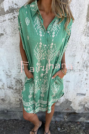 Linen Blend Unique Print Lapel Casual Pocket Mini Dress