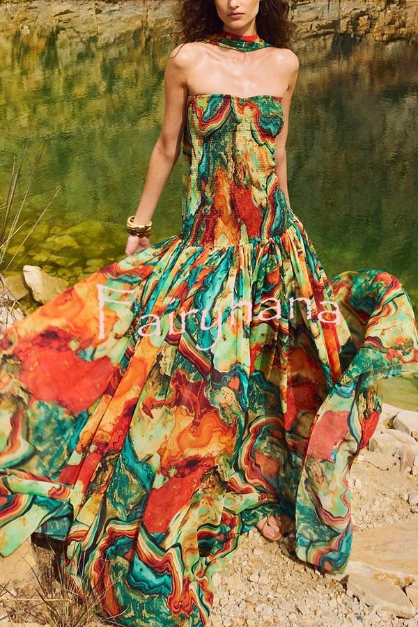 Vacay Vibes Colorful Lava Print Off Shoulder Smocked Scarf Maxi Dress