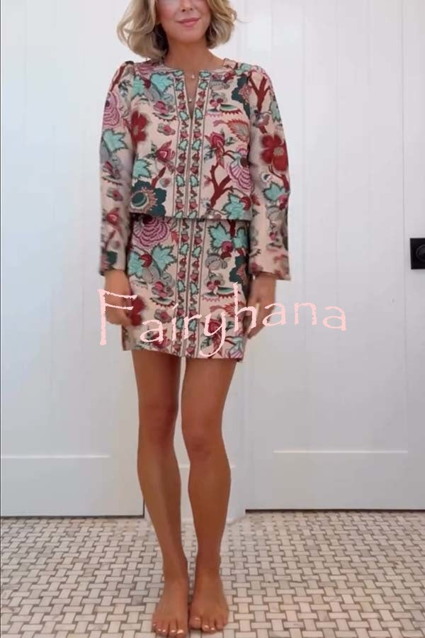Autumn Garden Printed V-neck Long Bell Sleeve Top and Mid Rise Skirt Set