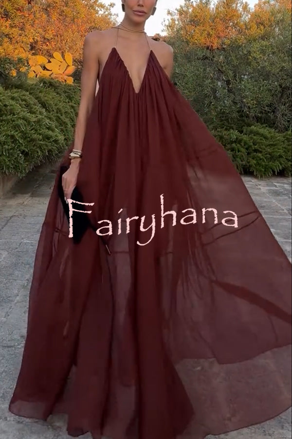 Flowing Lightweight Chiffon Chain Halter Neck Detail Backless A-line Maxi Dress