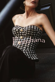 Maya Check Bouclé-tweed Fabric Sweetheart Neck Gold Button Strapless Tank