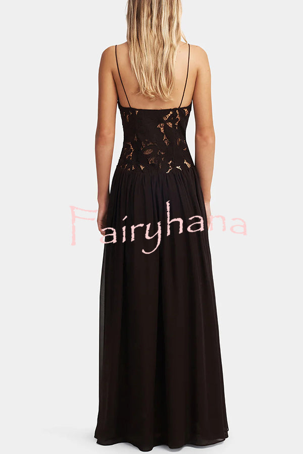 Stephanie Flower Crochet Lace Bust Chiffon Fluffy Hem Maxi Dress