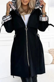 Fashionable Hooded Long-sleeved Zipper Plaid Casual Mid-length Jacket